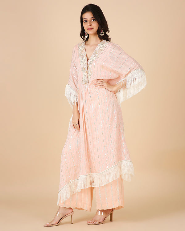 Gota Kaftan in Peach with Overlap Hand-Embroidered Neckline (Long 3 piece set)